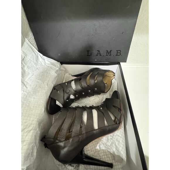 L.A.M.B. Gladiator Studded Leather Heels Peep Toe Strappy Bronze - Picture 6 of 8